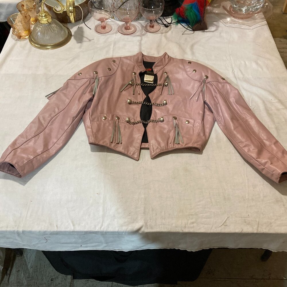 Vtg '80 RARE BRISTOL pink leather rock glamour perfecto womens jacket sz 8 small
